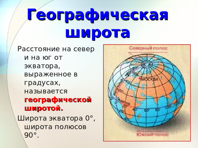 Географическая широта Расстояние на север и на юг от экватора, выраженное в градусах, называется географической широтой. Широта экватора 0°, широта полюсов 90°. 