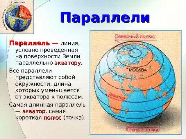 Параллели Параллель — линия, условно проведенная на поверхности Земли параллельно экватору. Все параллели представляют собой окружности, длина которых уменьшается от экватора к полюсам. Самая длинная параллель — экватор , самая короткая полюс (точка). 