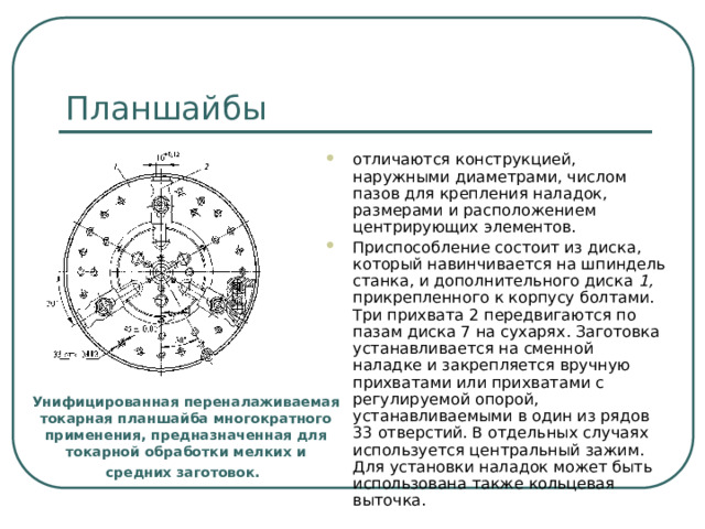 Планшайбы отличаются конструкцией, наружными диаметрами, числом пазов для крепления наладок, размерами и располо­жением центрирующих элементов. Приспособление состоит из диска, который навинчивается на шпиндель станка, и дополнительного диска 1, прикрепленного к корпусу болтами. Три прихвата 2 передвигаются по пазам диска 7 на сухарях. Заготовка устанавливается на сменной наладке и закрепляется вручную прихватами или прихватами с регулируемой опорой, устанавливаемыми в один из рядов 33 отверстий. В отдельных случаях используется центральный зажим. Для установки наладок может быть использована также кольцевая выточка. Унифицированная переналаживаемая токарная планшайба многократного применения, предназначенная для токарной обработки мелких и средних заготовок.   