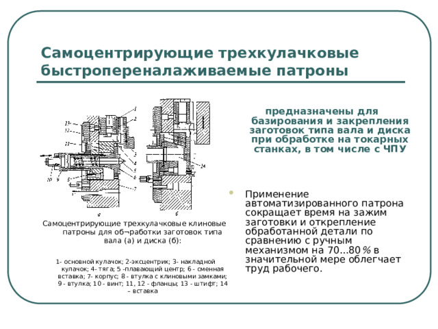 Самоцентрирующие трехкулачковые быстропереналаживаемые патроны  предназначены для базирования и закрепления заготовок типа вала и диска при обработке на токарных станках, в том числе с ЧПУ     Применение автоматизированного патрона сокращает время на зажим заготовки и открепление обработанной детали по сравнению с ручным механизмом на 70...80 % в значительной мере облегчает труд рабочего. Самоцентрирующие трехкулачковые клиновые патроны для об¬работки заготовок типа вала (а) и диска (б):  1- основной кулачок; 2-эксцентрик; 3- накладной кулачок; 4- тяга; 5 -плавающий центр; 6 - сменная вставка; 7- корпус; 8 - втулка с клиновыми замками; 9 - втулка; 10 - винт; 11, 12 - фланцы; 13 - штифт; 14 – вставка  