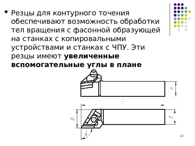Резцы для контурного точения обеспечивают возможность обработки тел вращения с фасонной образующей на станках с копировальными устройствами и станках с ЧПУ. Эти резцы имеют увеличенные вспомогательные углы в плане  