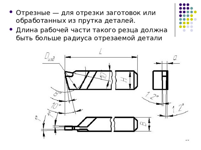 Отрезные — для отрезки заготовок или обработанных из прутка деталей. Длина рабочей части такого резца должна быть больше радиуса отрезаемой детали  