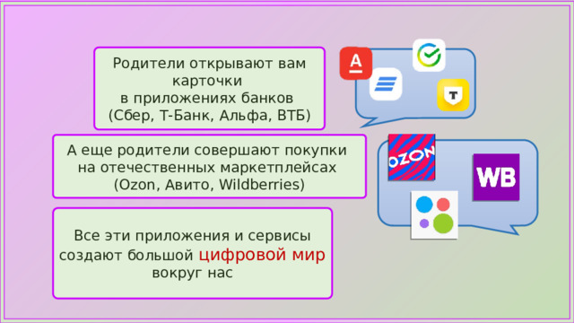 Родители открывают вам карточки в приложениях банков (Сбер, Т-Банк, Альфа, ВТБ) А еще родители совершают покупки на отечественных маркетплейсах (Ozon, Авито, Wildberries) Все эти приложения и сервисы создают большой цифровой мир  вокруг нас 