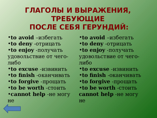 ГЛАГОЛЫ И ВЫРАЖЕНИЯ, ТРЕБУЮЩИЕ  ПОСЛЕ СЕБЯ ГЕРУНДИЙ: to avoid –избегать to deny -отрицать to enjoy -получать удовольствие от чего-либо to excuse -извинить to finish -оканчивать to forgive -прощать to be worth -стоить с annot help  - не могу не to avoid –избегать to deny -отрицать to enjoy -получать удовольствие от чего-либо to excuse -извинить to finish -оканчивать to forgive -прощать to be worth -стоить с annot help  - не могу не 