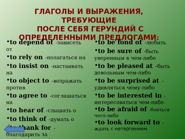 ГЛАГОЛЫ И ВЫРАЖЕНИЯ, ТРЕБУЮЩИЕ  ПОСЛЕ СЕБЯ ГЕРУНДИЙ С ОПРЕДЕЛЕННЫМИ ПРЕДЛОГАМИ : to depend of  -зависеть от to rely on  -полагаться на to insist on  -настаивать на to object to  -возражать против to agree to  -соглашаться на to hear of  -слышать о to think of  -думать о to thank for  -благодарить за to  prevent from  - препятствовать  to be fond of  -любить to be sure of  -быть уверенным в чем-либо to be pleased at  - быть довольным чем-либо to be surprised at  -удивляться чему-либо to be interested in  -интересоваться чем-либо to be afraid of  -бояться чего-либо to look forward to  -ждать с нетерпением  