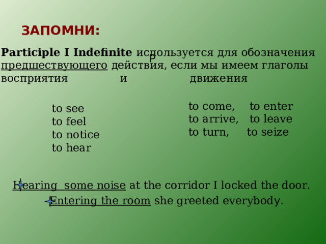 ЗАПОМНИ: Participle I Indefinite  используется для обозначения предшествующего действия, если мы имеем глаголы восприятия и движения P to come, to enter to arrive, to leave to turn, to seize to see to feel to notice to hear Hearing some noise at the corridor I locked the door. Entering the room she greeted everybod y. 