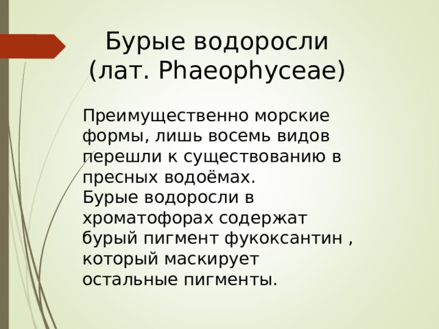 Бурые водоросли (лат. Phaeophyceae) Преимущественно морские формы, лишь восемь видов перешли к существованию в пресных водоёмах. Бурые водоросли в хроматофорах содержат бурый пигмент фукоксантин , который маскирует остальные пигменты. 