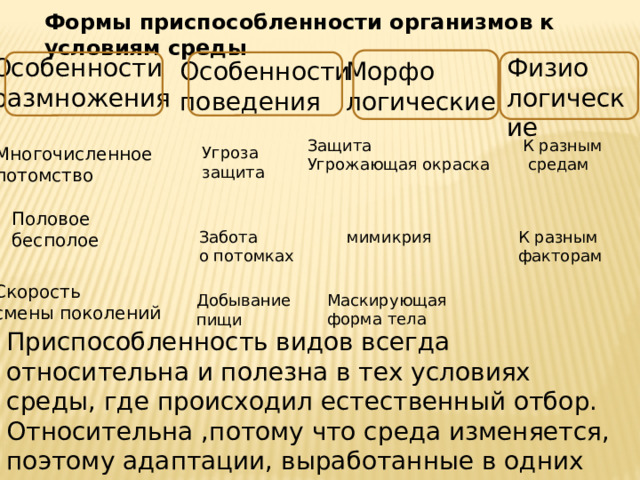 Формы приспособленности организмов к условиям среды Физио логические Особенности размножения Особенности Морфо логические поведения К разным Защита Угрожающая окраска  средам Многочисленное Угроза защита потомство Половое бесполое Забота К разным мимикрия факторам о потомках Скорость смены поколений Маскирующая форма тела Добывание пищи Приспособленность видов всегда относительна и полезна в тех условиях среды, где происходил естественный отбор. Относительна ,потому что среда изменяется, поэтому адаптации, выработанные в одних условиях существования, теряют свое значение в других. 