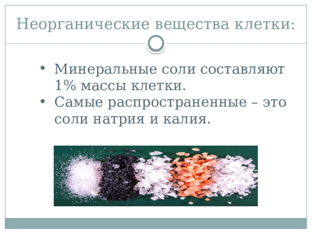 Неорганические вещества клетки: Минеральные соли составляют 1% массы клетки. Самые распространенные – это соли натрия и калия. 