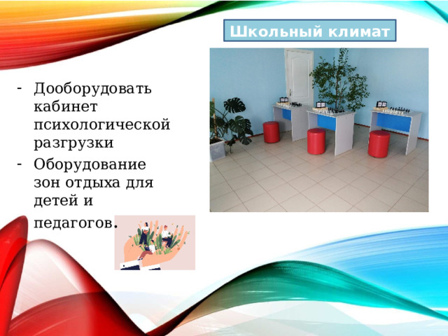 Школьный климат Дооборудовать кабинет психологической разгрузки Оборудование зон отдыха для детей и педагогов . 