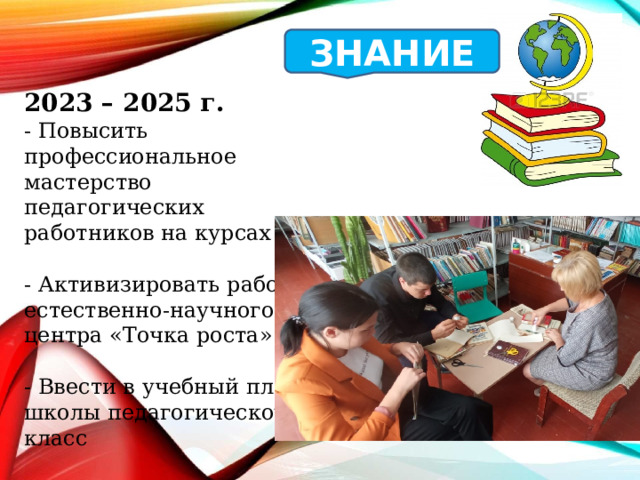 ЗНАНИЕ 2023 – 2025 г.  - Повысить профессиональное мастерство педагогических работников на курсах ПК   - Активизировать работу естественно-научного центра «Точка роста»   - Ввести в учебный план школы педагогического класс 
