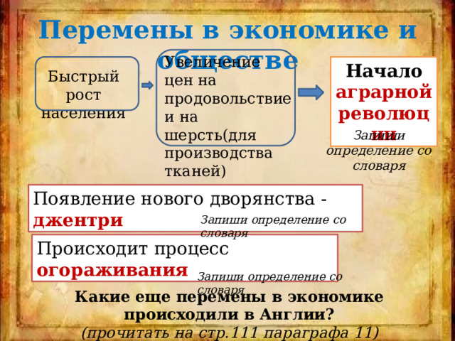 Перемены в экономике и обществе Увеличение цен на продовольствие и на шерсть(для производства тканей) Начало аграрной революции Быстрый рост населения Запиши определение со словаря Появление нового дворянства - джентри Запиши определение со словаря Происходит процесс огораживания Запиши определение со словаря Какие еще перемены в экономике происходили в Англии? (прочитать на стр.111 параграфа 11) 