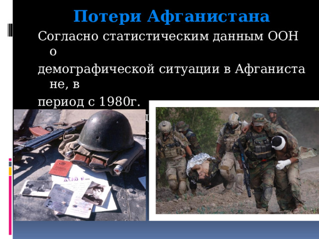 Потери Афганистана Согласно статистическим данным ООН о  демографической ситуации в Афганистане, в  период с 1980г.  по 1990г., общая смертность   населения Афганистана составила 614 000 чел. 