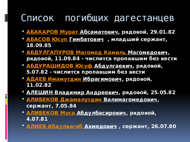 Список погибщих дагестанцев АБАКАРОВ Мурат Абсаматович , рядовой, 29.01.82 АБАСОВ Юсуп  Гимбатович   , младший сержант, 18.09.85 АБДУЛГАПУРОВ Магомед Камиль Магомедович , рядовой, 11.09.84 - числится пропавшим без вести АБДУРАШИДОВ Юсуф Абдулгаевич , рядовой, 5.07.82 - числится пропавшим без вести АДАЕВ Имамутдин  Ибрагимович , рядовой, 11.02.82 АЛЕШИН Владимир Андреевич , рядовой, 25.05.82 АЛИБЕКОВ Джамалутдин  Валимагомедович , сержант, 7.05.84 АЛИБЕКОВ Муса  Абдулбасирович , рядовой, 4.07.81 АЛИЕВ Абдулвагаб  Ахмедович  , сержант, 26.07.80 