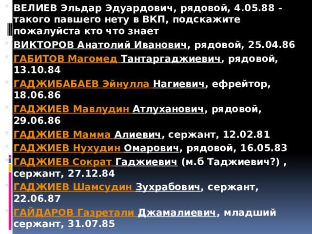 ВЕЛИЕВ Эльдар Эдуардович, рядовой, 4.05.88 - такого павшего нету в ВКП, подскажите пожалуйста кто что знает ВИКТОРОВ Анатолий Иванович , рядовой, 25.04.86 ГАБИТОВ Магомед Тантаргаджиевич , рядовой, 13.10.84 ГАДЖИБАБАЕВ Эйнулла  Нагиевич , ефрейтор, 18.06.86 ГАДЖИЕВ Мавлудин  Атлуханович , рядовой, 29.06.86 ГАДЖИЕВ Мамма  Алиевич , сержант, 12.02.81 ГАДЖИЕВ Нухудин  Омарович , рядовой, 16.05.83 ГАДЖИЕВ Сократ Гаджиевич  (м.б Таджиевич?) , сержант, 27.12.84 ГАДЖИЕВ Шамсудин  Зухрабович , сержант, 22.06.87 ГАЙДАРОВ Газретали  Джамалиевич , младший сержант, 31.07.85 