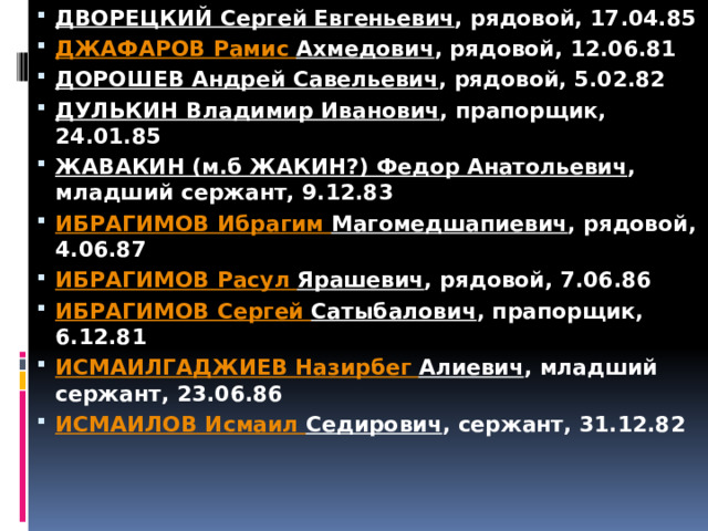 ДВОРЕЦКИЙ Сергей Евгеньевич , рядовой, 17.04.85 ДЖАФАРОВ Рамис  Ахмедович , рядовой, 12.06.81 ДОРОШЕВ Андрей Савельевич , рядовой, 5.02.82 ДУЛЬКИН Владимир Иванович , прапорщик, 24.01.85 ЖАВАКИН (м.б ЖАКИН?) Федор Анатольевич , младший сержант, 9.12.83 ИБРАГИМОВ Ибрагим Магомедшапиевич , рядовой, 4.06.87 ИБРАГИМОВ Расул Ярашевич , рядовой, 7.06.86 ИБРАГИМОВ Сергей Сатыбалович , прапорщик, 6.12.81 ИСМАИЛГАДЖИЕВ Назирбег  Алиевич , младший сержант, 23.06.86 ИСМАИЛОВ Исмаил Седирович , сержант, 31.12.82 