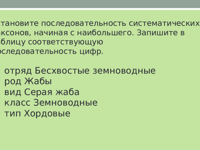 Установите последовательность систематических таксонов, начиная с наибольшего. Запишите в таблицу соответствующую последовательность цифр.   1)  отряд Бесхвостые земноводные 2)  род Жабы 3)  вид Серая жаба 4)  класс Земноводные 5)  тип Хордовые 