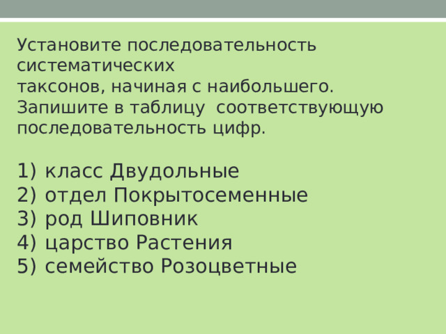Установите последовательность систематических таксонов, начиная с наибольшего. Запишите в таблицу соответствующую последовательность цифр.   1)  класс Двудольные 2)  отдел Покрытосеменные 3)  род Шиповник 4)  царство Растения 5)  семейство Розоцветные 