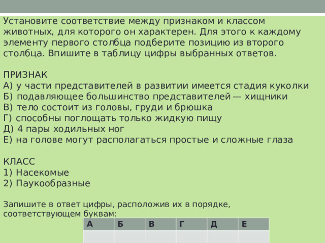 Установите соответствие между признаком и классом животных, для которого он характерен. Для этого к каждому элементу первого столбца подберите позицию из второго столбца. Впишите в таблицу цифры выбранных ответов. ПРИЗНАК A)  у части представителей в развитии имеется стадия куколки Б)  подавляющее большинство представителей — хищники В)  тело состоит из головы, груди и брюшка Г)  способны поглощать только жидкую пищу Д)  4 пары ходильных ног E)  на голове могут располагаться простые и сложные глаза КЛАСС 1)  Насекомые 2)  Паукообразные Запишите в ответ цифры, расположив их в порядке, соответствующем буквам: А Б В Г Д Е 