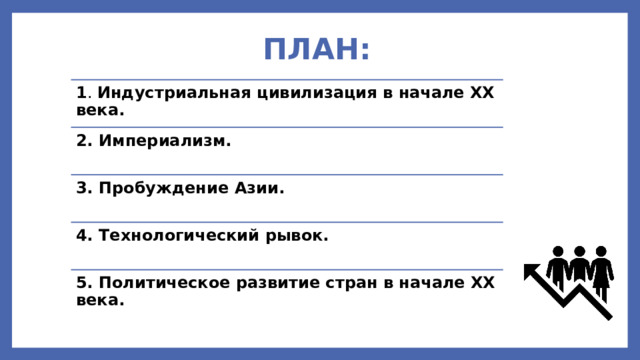 ПЛАН: 1 . Индустриальная цивилизация в начале XX века. 2. Империализм. 3. Пробуждение Азии. 4. Технологический рывок. 5. Политическое развитие стран в начале XX века. 