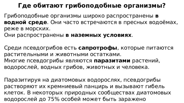 Где обитают грибоподобные организмы? Грибоподобные организмы широко распространены в водной среде . Они часто встречаются в пресных водоёмах, реже в морских. Они распространены в наземных условиях . Среди псевдогрибов есть сапротрофы , которые питаются растительными и животными остатками. Многие псевдогрибы являются паразитами растений, водорослей, водных грибов, животных и человека. Паразитируя на диатомовых водорослях, псевдогрибы растворяют их кремниевый панцирь и вызывают гибель клеток. В некоторых природных сообществах диатомовых водорослей до 75% особей может быть заражено псевдогрибами. 