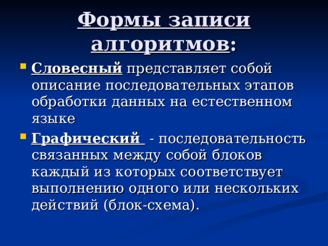 Формы записи алгоритмов Словесный Графический 