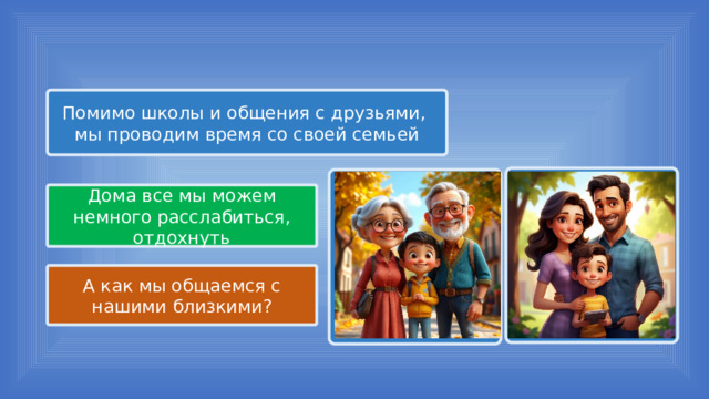 Помимо школы и общения с друзьями, мы проводим время со своей семьей Дома все мы можем немного расслабиться, отдохнуть А как мы общаемся с нашими близкими? 
