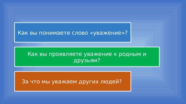 Как вы понимаете слово «уважение»? Как вы проявляете уважение к родным и друзьям? За что мы уважаем других людей? 