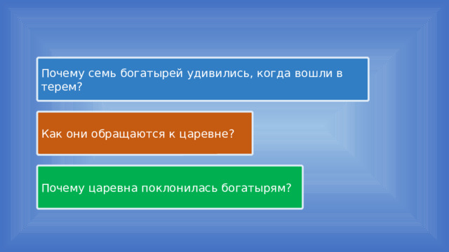 Почему семь богатырей удивились, когда вошли в терем? Как они обращаются к царевне? Почему царевна поклонилась богатырям? 