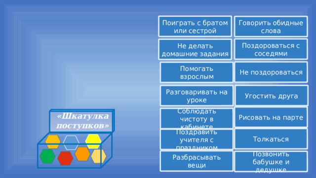 Поиграть с братом или сестрой Говорить обидные слова Поздороваться с соседями Не делать домашние задания Не поздороваться Помогать взрослым Угостить друга Разговаривать на уроке Рисовать на парте Соблюдать чистоту в кабинете «Шкатулка  поступков» Толкаться Поздравить учителя с праздником Разбрасывать вещи Позвонить бабушке и дедушке 