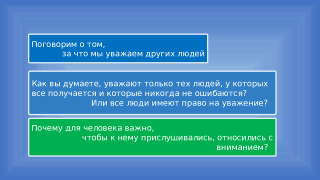 Поговорим о том, за что мы уважаем других людей Как вы думаете, уважают только тех людей, у которых все получается и которые никогда не ошибаются? Или все люди имеют право на уважение? Почему для человека важно, чтобы к нему прислушивались, относились с вниманием? 