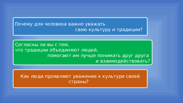 Почему для человека важно уважать свою культуру и традиции? Согласны ли вы с тем, что традиции объединяют людей, помогают им лучше понимать друг друга и взаимодействовать? Как люди проявляют уважение к культуре своей страны? 