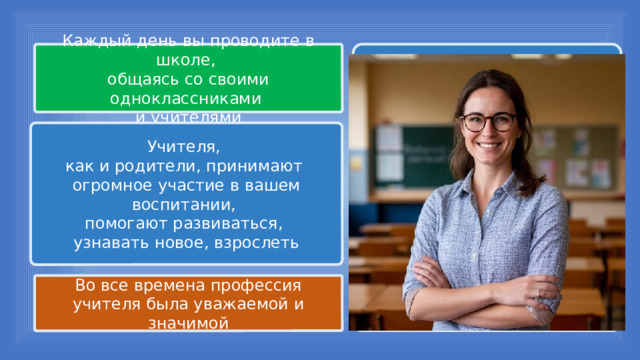 Каждый день вы проводите в школе, общаясь со своими одноклассниками и учителями Учителя, как и родители, принимают огромное участие в вашем воспитании, помогают развиваться, узнавать новое, взрослеть Во все времена профессия учителя была уважаемой и значимой 