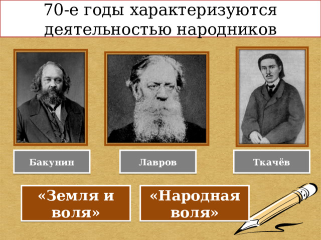 70-е годы характеризуются деятельностью народников Бакунин Лавров Ткачёв «Земля и воля» «Народная воля» 