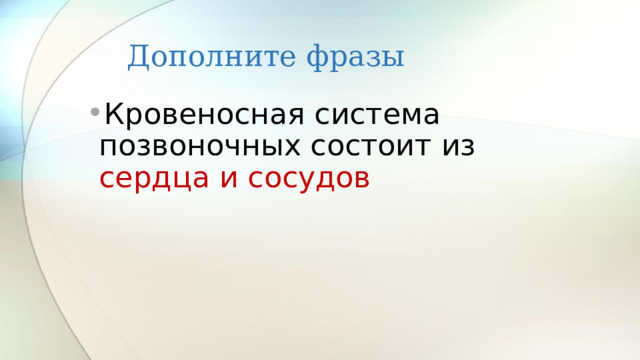 Дополните фразы Кровеносная система позвоночных состоит из сердца и сосудов 