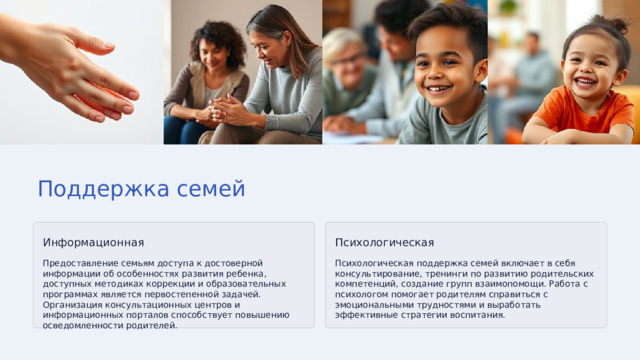 Поддержка семей Информационная Психологическая Предоставление семьям доступа к достоверной информации об особенностях развития ребенка, доступных методиках коррекции и образовательных программах является первостепенной задачей. Организация консультационных центров и информационных порталов способствует повышению осведомленности родителей. Психологическая поддержка семей включает в себя консультирование, тренинги по развитию родительских компетенций, создание групп взаимопомощи. Работа с психологом помогает родителям справиться с эмоциональными трудностями и выработать эффективные стратегии воспитания. 