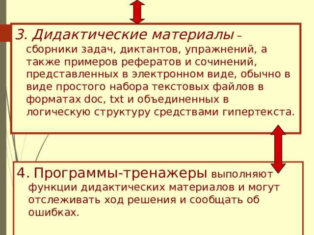 3. Дидактические материалы – сборники задач, диктантов, упражнений, а также примеров рефератов и сочинений, представленных в электронном виде, обычно в виде простого набора текстовых файлов в форматах doc, txt и объединенных в логическую структуру средствами гипертекста.  4.  Программы-тренажеры выполняют функции дидактических материалов и могут отслеживать ход решения и сообщать об ошибках. 