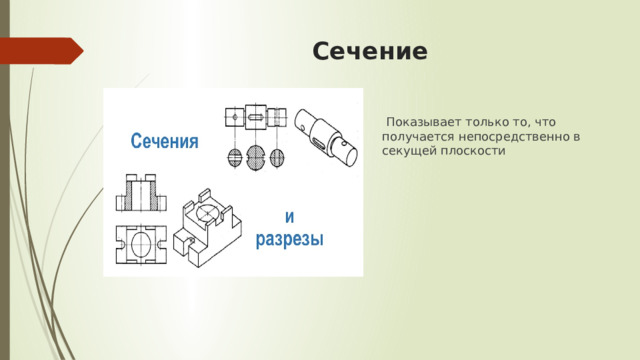 Сечение   Показывает только то, что получается непосредственно в секущей плоскости 