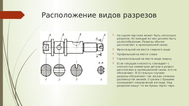 Расположение видов разрезов На одном чертеже может быть несколько разрезов. Но каждый из них должен быть целесообразным. Разрезы обычно располагают в проекционной связи: Фронтальной-на месте главного вида Профильный-на месте слева Горизонтальный на месте вида сверху. Если секущая плоскость совпадает с плоскостью симметрии детали и разрез расположен в проекционной связи, его не обозначают. В остальных случаях разрезы обозначают так же,как сечения, разомкнутой линией. Стрелки с буквами показывают направление взгляда. Над разрезом пишут те же буквы через тире. 