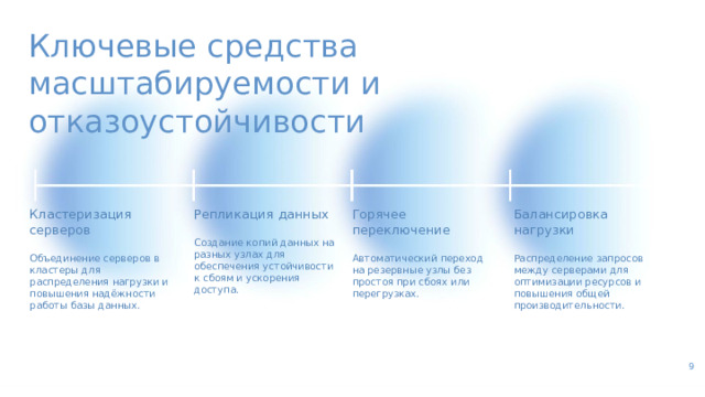 Ключевые средства масштабируемости и отказоустойчивости Балансировка нагрузки Горячее переключение Репликация данных Кластеризация серверов Объединение серверов в кластеры для распределения нагрузки и повышения надёжности работы базы данных. Создание копий данных на разных узлах для обеспечения устойчивости к сбоям и ускорения доступа. Автоматический переход на резервные узлы без простоя при сбоях или перегрузках. Распределение запросов между серверами для оптимизации ресурсов и повышения общей производительности. 9  