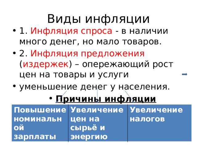 Виды инфляции 1. Инфляция спроса - в наличии много денег, но мало товаров. 2. Инфляция предложения ( издержек ) – опережающий рост цен на товары и услуги уменьшение денег у населения. Причины инфляции предложения : Повышение номинальной зарплаты Увеличение цен на сырьё и энергию Увеличение налогов 