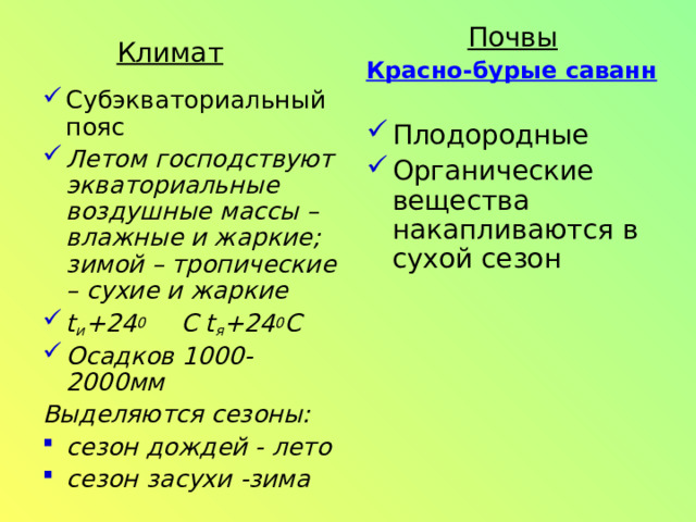 Почвы Красно-бурые саванн  Плодородные Органические вещества накапливаются в сухой сезон   Субэкваториальный пояс Летом господствуют экваториальные воздушные массы – влажные и жаркие; зимой – тропические – сухие и жаркие t и + 24 0  С t я + 24 0 С Осадков 1000-2000мм Выделяются сезоны: сезон дождей - лето сезон засухи -зима Климат 
