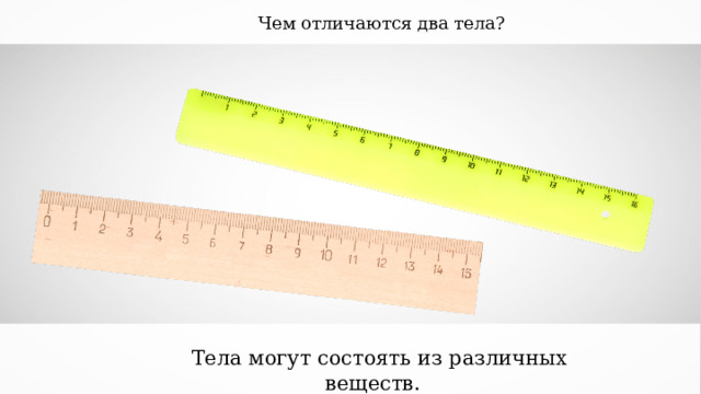 Чем отличаются два тела? Тела могут состоять из различных веществ. 