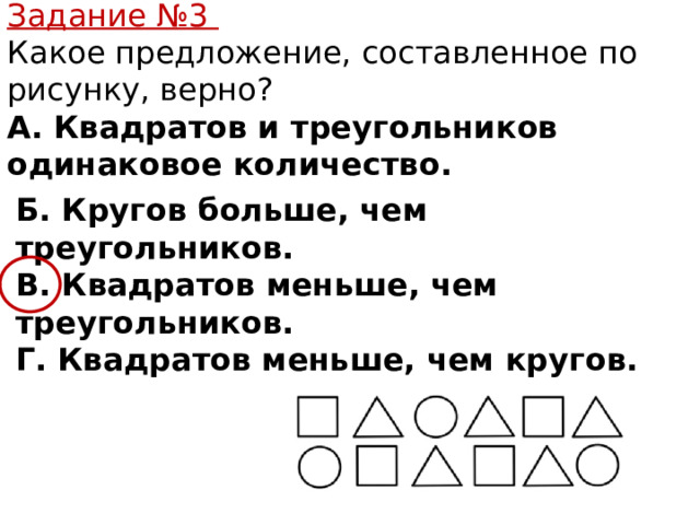 Задание №3 Какое предложение, составленное по рисунку, верно? А. Квадратов и треугольников одинаковое количество. Б. Кругов больше, чем треугольников. В. Квадратов меньше, чем треугольников. Г. Квадратов меньше, чем кругов. 