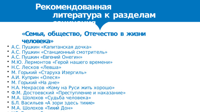 Рекомендованная  литература к  разделам  сочинения «Семья,  общество,  Отечество  в  жизни  человека» А.С.  Пушкин  «Капитанская  дочка» А.С.  Пушкин  «Станционный  смотритель» А.С. Пушкин «Евгений  Онегин» М.Ю.  Лермонтов  «Герой  нашего  времени» Н.С.  Лесков  «Левша» М.  Горький  «Старуха  Изергиль» А.И.  Куприн  «Олеся» М.  Горький «На  дне» Н.А.  Некрасов  «Кому  на  Руси  жить  хорошо» Ф.М.  Достоевский  «Преступление  и  наказание» М.А.  Шолохов  «Судьба  человека» Б.Л.  Васильев  «А  зори  здесь  тихие» М.А.  Шолохов  «Тихий  Дон» Н.В.  Гоголь  «Ревизор» 