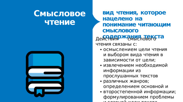 вид  чтения,  которое нацелено  на  понимание читающим  смыслового содержания  текста Смысловое  чтение Действия  смыслового  чтения связаны  с: осмыслением  цели  чтения  и выбором  вида  чтения  в зависимости  от  цели; извлечением  необходимой информации  из  прослушанных текстов  различных  жанров; определением  основной  и второстепенной  информации; формулированием  проблемы  и главной  идеи  текста. 