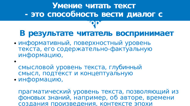 Умение  читать  текст  -  это  способность  вести  диалог  с  автором В  результате  читатель  воспринимает информативный,  поверхностный  уровень  текста, его  содержательно- фактуальную  информацию, смысловой  уровень  текста,  глубинный  смысл, подтекст  и  концептуальную  информацию, прагматический  уровень  текста,  позволяющий  из фоновых  знаний,  например,  об  авторе,  времени создания  произведения,  контексте  эпохи  построить целостное  восприятие  произведения. 