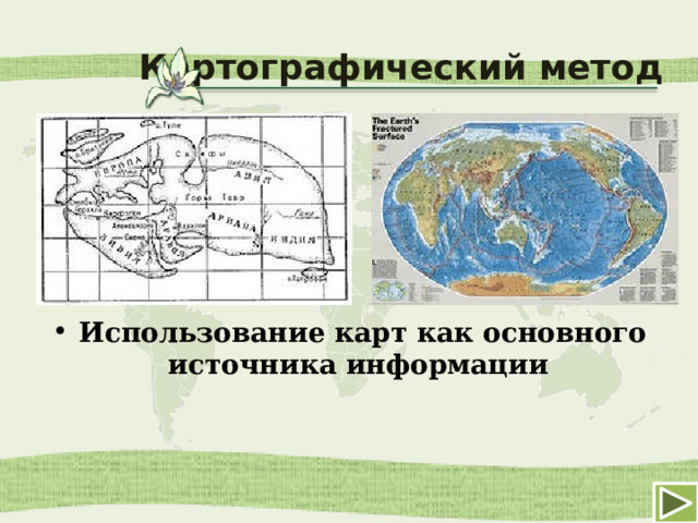 Картографический метод Использование карт как основного источника информации 