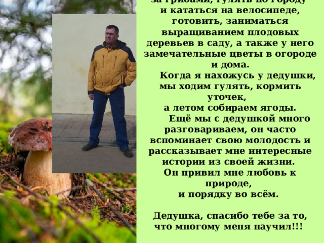  Мой дедушка любит ходить за грибами, гулять по городу и кататься на велосипеде, готовить, заниматься выращиванием плодовых деревьев в саду, а также у него замечательные цветы в огороде и дома.  Когда я нахожусь у дедушки, мы ходим гулять, кормить уточек, а летом собираем ягоды.  Ещё мы с дедушкой много разговариваем, он часто вспоминает свою молодость и рассказывает мне интересные истории из своей жизни. Он привил мне любовь к природе, и порядку во всём.   Дедушка, спасибо тебе за то, что многому меня научил!!!   Кристина Кошутина 