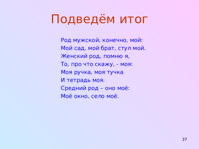 Подведём итог Род мужской, конечно, мой: Мой сад, мой брат, стул мой. Женский род, помню я, То, про что скажу, - моя: Моя ручка, моя тучка И тетрадь моя. Средний род – оно моё: Моё окно, село моё.  